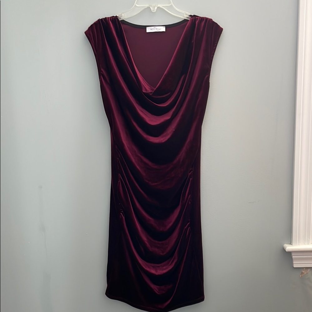 Velvet Burgundy Cowl Neck Sleeveless Maternity Dress, Size Small